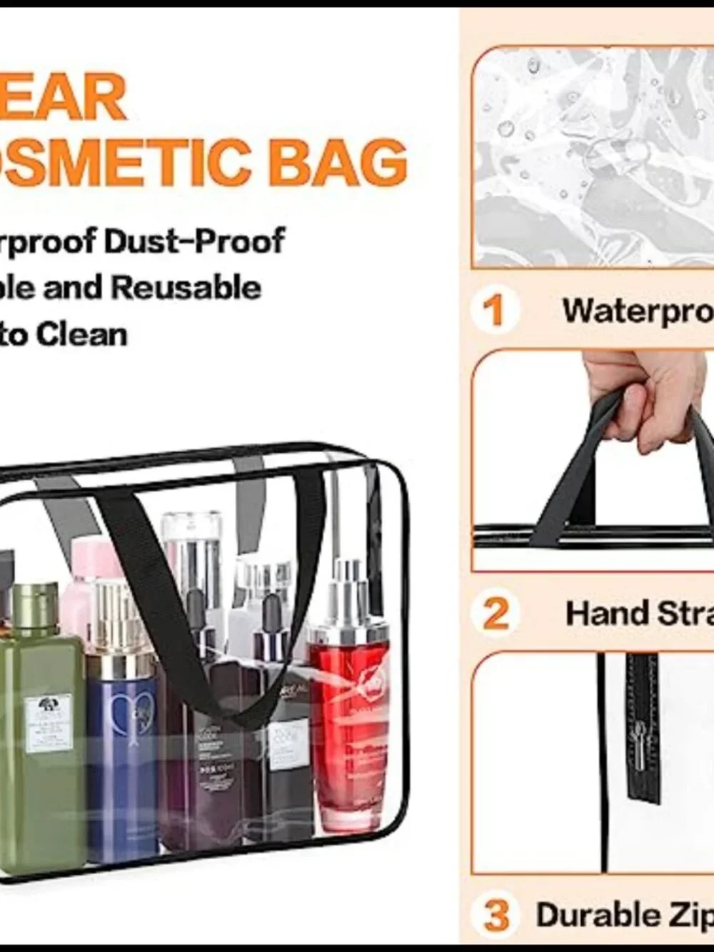2-Piece Clear PVC Cosmetic Organizer Tote Bags Waterproof Zip Travel Makeup